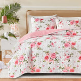 UOZZI BEDDING Floral Quilt Set 2 Pieces Twin Size White Pink Flower Soft Microfiber Lightweight Summer Reversible Coverlet Bedspread for All Season -1 Quilt 88 * 88 + 1 Pillow Sham UOZZI BEDDING