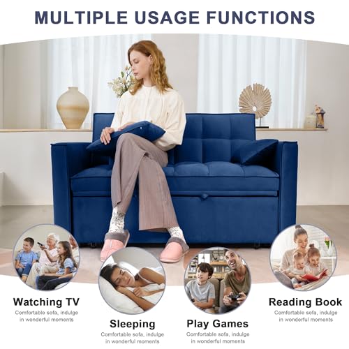 SumKea 55'' 3-in-1 Sleeper Loveseat, 2-Seater Pull Out Couch, Velvet Futon Sofa Adjustable Backrest, Reclining Sofa Bed with Pillows, Pockets, Perfect for Small Spaces, Living Room Furniture, Blue SumKea
