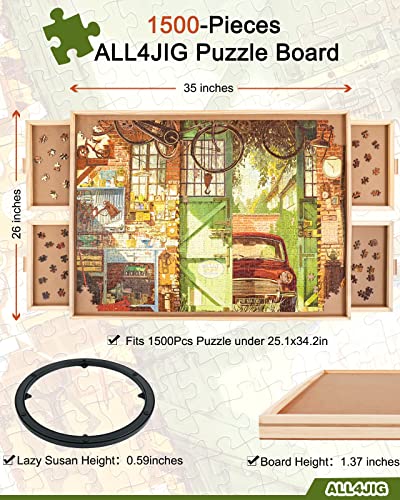 ALL4JIG 1500 Piece Rotating Puzzle Board with Drawers and Cover,26"x35"Portable Wooden Jigsaw Puzzle Table for Adults Portable,Lazy Susan Spinning Puzzle Boards Birthday Gift for mom