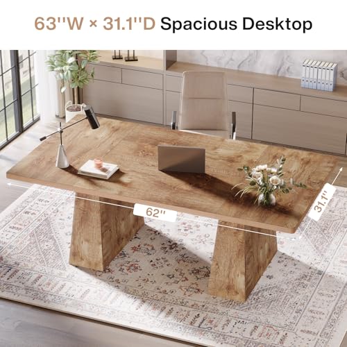 Tribesigns 63-Inch Executive Desk, Large Office Computer Desk with Double Pedestal, Modern Simple Workstations Writing Table Conference Table Business Furniture for Home Office, Natural Tribesigns