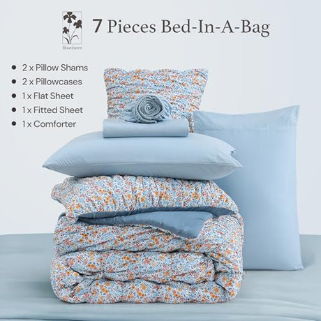 BLOOMHAVEN Queen Comforter Set - 7 Pieces Blue Classic Puff Floral Bedding Sets for All Seasons, Shabby Chic Farmhouse Bed in a Bag Queen with Wildflowers Fluffy Comforter, Sheets, Pillowcases & Shams BLOOMHAVEN