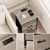 Vagusicc Night Stand Set 2, LED Nightstand with Charging Station, Bedside Table with USB Ports & Outlets, 24.2" Tall End Table with open Shelf, Bed Side Table with 2 Fabric Drawers for Bedroom, Greige Vagusicc