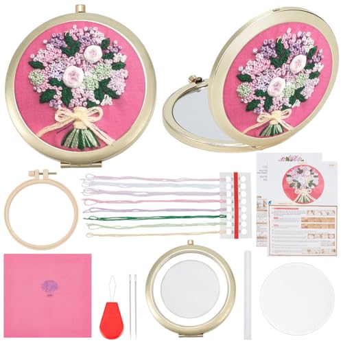 WEBEEDY DIY Foldable Mirror Set Mini Bouquet Makeup Mirror Needlework for Beginners,Hand Sewing Cross Stitch Kit with Stamped Pattern Cloth Embroidery Hoop Thread,Women Mirrors Crafts Gift