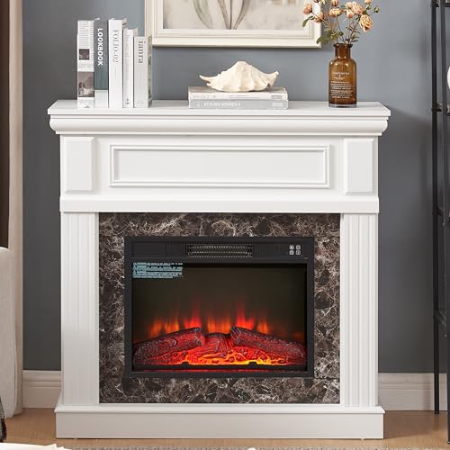 43" Electric Fireplace with Mantel, TV Stand w/Freestanding Electric Fireplace Heater, Fireplace Mantel Wooden Surround for Living Room (White) ZEIINPA