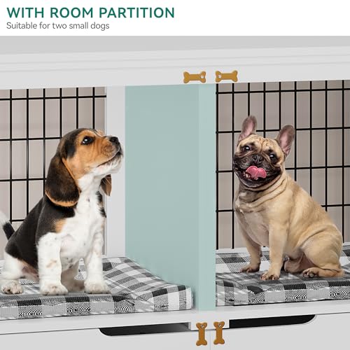 YITAHOME Double Dog Kennel Furniture with Tray, 79" Dog Crate Table with Storage for 2 Small/Medium Dogs, Indoor Wooden Dog House TV Stand, White - WoodArtSupply