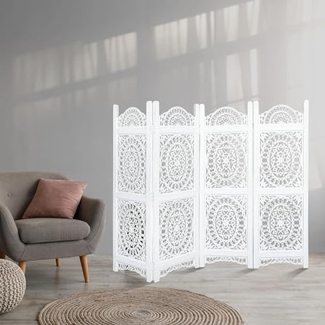 Lightnpro 4-Panel Wooden Room Divider 48 × 64 Inch Antique White Finish - Hand-Carved Oval Folding Privacy Screen, Pre-Assembled Decorative Partition for Living Room, Bedroom & Home Office Light & Pro