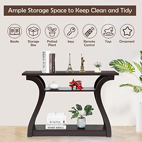 SUPER DEAL Narrow Console Table, 3 Tier Entryway Table, Wood Sofa Table Decorative Hallway Table with Shelves, Curved Frame for Living Room Front Door Entrance, 47 in Espresso SUPER DEAL
