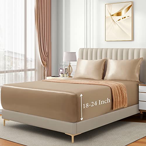 VACVELT 3pcs Extra Deep Pocket Satin Fitted Sheet Set King Bed Set, Beige Bottom Sheet Fit 18-24 Inch Deep Pocket Mattress, Silky Bedding Set Soft & Ultra Deep Fitted Sheet & 2 Pillowcase VACVELT