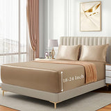VACVELT 3pcs Extra Deep Pocket Satin Fitted Sheet Set King Bed Set, Beige Bottom Sheet Fit 18-24 Inch Deep Pocket Mattress, Silky Bedding Set Soft & Ultra Deep Fitted Sheet & 2 Pillowcase VACVELT
