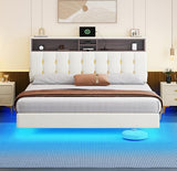 YITAHOME Queen Size Floating Bed Frame,Upholstered Platform Bed with RGB LED Lighting, USB Charging and Headboard Storage,Velvet Platform Bed Frame,Box Spring Not Required - Beige YITAHOME