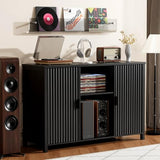 BROTTAR Large Record Player Stand with Vinyl Storage, 47" Wood Turntable Stand with Open Shelves and Fluted Doors, Vinyl Record Storage Cabinet Holds Up to 480 Albums for Music Room Living Room, Black BROTTAR