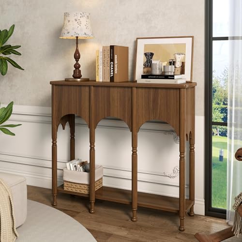 Topbele 40" Console Table with Storage Shelf, Retro Entryway Table, Wooden Sofa Table with Roman-Style Legs for Living Room, Hallway, Brown Topbele