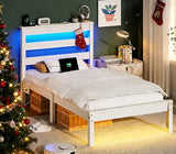 VINGLI Solid Wood Twin Bed Frame with LED Lights & USB Charging, Platform Bed with Storage Headboard Shelf, No Box Spring Needed, Noise-Free, Easy Assembly,White VINGLI