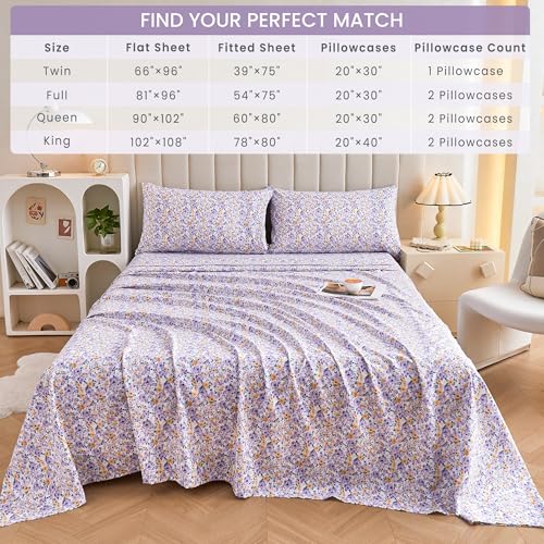Mooreeke Floral Twin 3 Pieces Bed Sheets, Soft Microfiber Bedding Sheets & Pillowcases, Deep Pocket Non-Slip Vintage Twin Sheet, Purple Yellow Flower Pattern Bedsheets Mooreeke