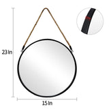 POZINO Round Mirror, 15" Rope Hanging Mirror, Farmhouse Circle Mirrors, Black Metal Frame Wall Mirrors for Bathroom, Bedroom, Living Room, Entryway, Fireplace, Home Decor POZINO