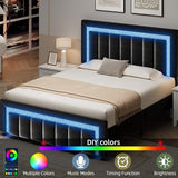 HOMBCK Full Size Bed Frame with LED Lights and Velvet Upholstered Headboard, Bed Frame Full with Modern Diamond Headboard Adjustable, Wooden Slats Support, Noise Free, No Box Spring Needed, Black HOMBCK