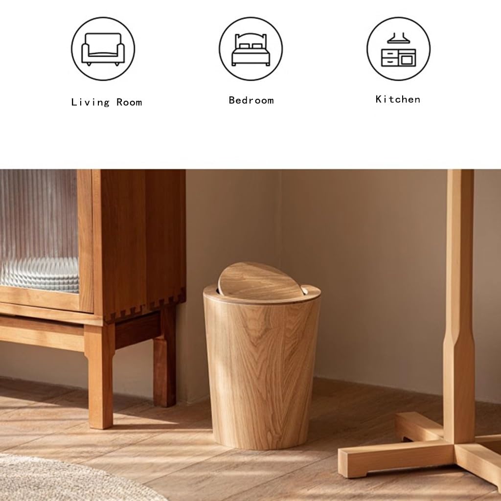 MOOTEK Round Wood Trash Can with Lid, Japanese-Style Natural Wood Garbage Recycling Bin, Wood Waste Bin with Swing Lid, for Bathrooms, Powder Room, Kitchen, Home Office - WoodArtSupply