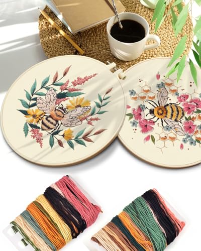TINDTOP 2 Pack Embroidery Kit for Adult, Embroidery DIY Starter Kit, with Stamped Patterns, Hoop, Tools, Colorful Threads with Needles, Instructions (Bee) TINDTOP