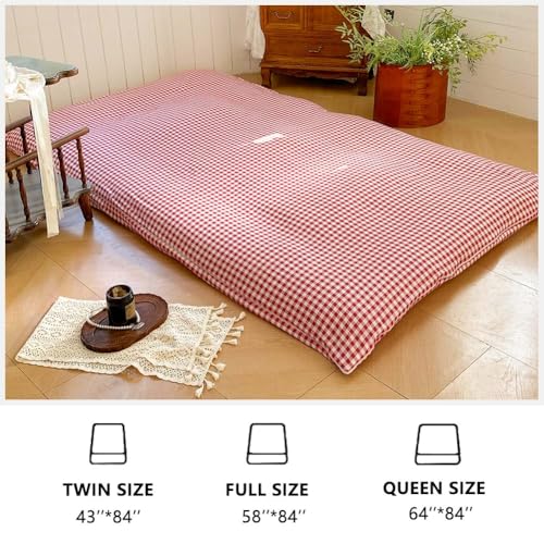 Red Gingham Japanese Floor Mattress Futon Cover Twin for 3-4" Thick Pad, Checked Plaid Japanese Tatami Mattress Cover,Grid Guest Sleeping Mat for Floor (Red Gingham, Twin) NSNLGSGC