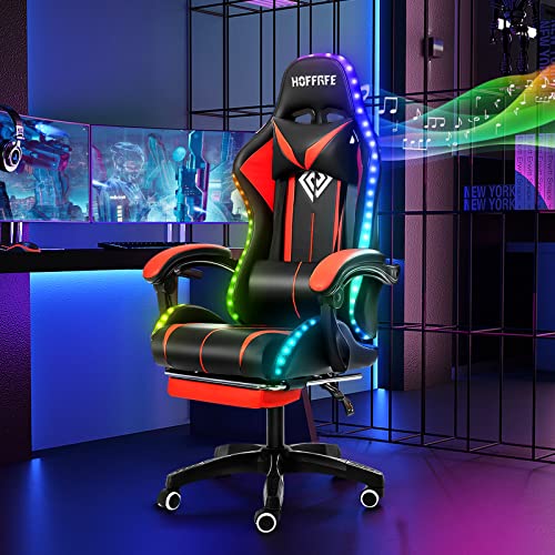 HOFFREE RGB Gaming Chair with Speakers Massage Computer Gaming Chair with LED Lights and Footrest High Back Video Game Chair for Adults Red and Black HOFFREE