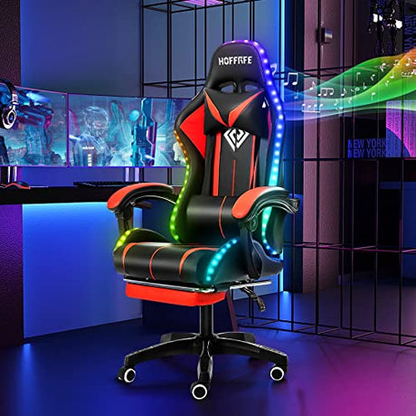 HOFFREE RGB Gaming Chair with Speakers Massage Computer Gaming Chair with LED Lights and Footrest High Back Video Game Chair for Adults Red and Black HOFFREE