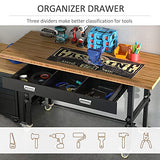 HOMCOM 59" Work Bench with Drawer, Height Adjustable Legs, Bamboo Tabletop Workstation Tool Table on Wheels for Garage, Weight Capacity 1320 Lbs, HOMCOM