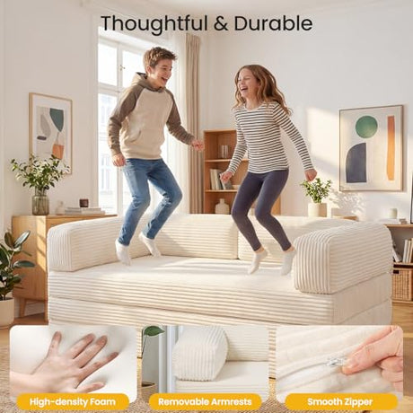 Tri-Folding Mattress Queen Futon Sofa Bed, Convertible Tri Fold Mattress Foldable with Removable Armrests & Washable Cover, 5-Inch Floor Mattress with High-Density Foam, Small Couch Bed, Beige Erament
