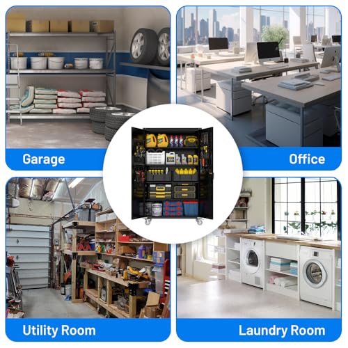 Yeeoy Wide & Deep Metal Garage Storage Cabinet with Pegboard & Adjustable Shelves, Lockable Storage Cabinet with Wheels, Tool Organization Cabinets for Office Garage Shop, 43''W x 22''D x 72''H Yeeoy