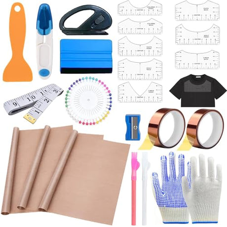 XEUZK Sublimation Shirts Tool Kits with 8 T Shirt rulers, 3Pack Teflon Sheet for Heat Press 12 x 16in, Heat Resistant Gloves with Silicone Bumps, 2 Rolls Heat Resistant Tape, 2Pcs Sublimation Pencil XEUZK