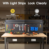 60" Adjustable Work Bench with Drawers, Workbench for Garage with Strip Light, Work Table with Large Pegboard, 2000 LBS Heavy Duty Table with Power Outlet Rubber Wood for Office, Workshop FIXCHIGO