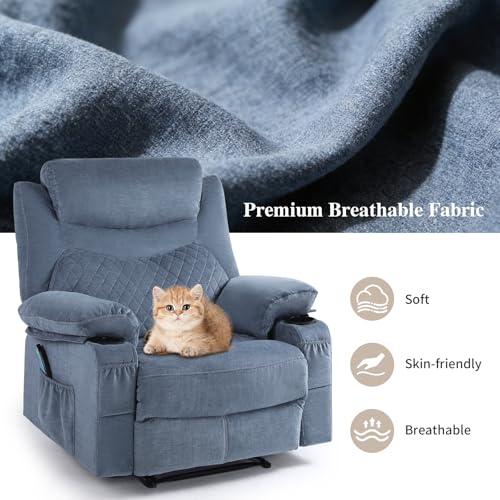 Overstuffed Massage Recliner Chair with Heat, Fabric Wide Seat Reclining Chair with Cup Holder for Adult, Heated Massaging Manual Recliner Chairs, Navy Blue