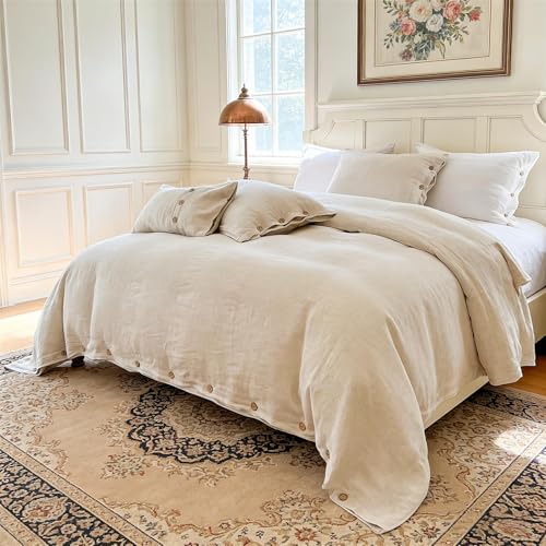 Simple&Opulence 100% Linen Duvet Cover Set 2pcs with Coconut Button Closure Natural French Washed Flax Solid Color Soft Breathable Farmhouse Bedding - Linen, Twin Size Simple&Opulence