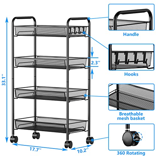 OVICAR 4 Tier Mesh Wire Rolling Cart, Kitchen Storage Organizer Utility Cart, Full Metal Basket Storage Art Trolley Carts with Wheels & 4 Side Hooks