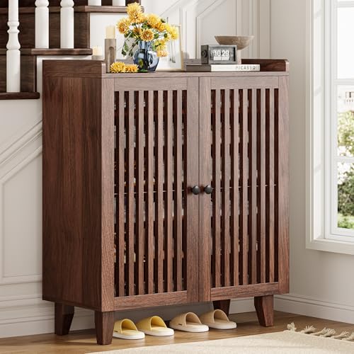 IRONCK Shoe Cabinet with Slatted Doors, 6-Tier Shoe Storage Cabinet with Adjustable Shelves, Wooden Shoe Rack Organizer for Entryway, Hallway, Closet, Living Room, Walnut IRONCK
