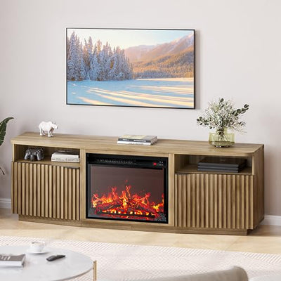BELLEZE Fluted TV Stand with 23" Electric Fireplace Heater with Sound, 68" Entertainment Center for TV Up to 75", Media Console Table with Cable Management for Living Room, Bedroom - Camel