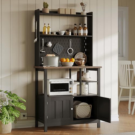 ChooChoo Pantry Cabinet with Charging Station, Kitchen Storage Cabinet with Microwave Stand, Farmhouse Kitchen Hutch with Storage for Living Room， Dining Room, Black & Espresso ChooChoo