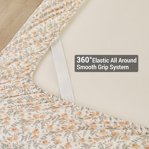 Viviland Floral Twin Sheet Set - 3 Piece Vintage Light Orange Flower Patterned Bed Sheets - Soft, Breathable Microfiber Sheets with Deep Pocket, Non-Slip Fitted Sheets & Pillowcases Viviland