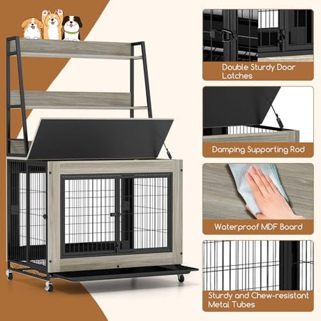 Giantex Dog Crate Furniture with Storage Shelves, 38" Furniture Style Indoor Dog Kennel on Wheels, 3 Doors, Flip Top Lid, Removable Pull-Out Tray, Dog Cage Pet House for Large Dogs, Oak Gray Giantex