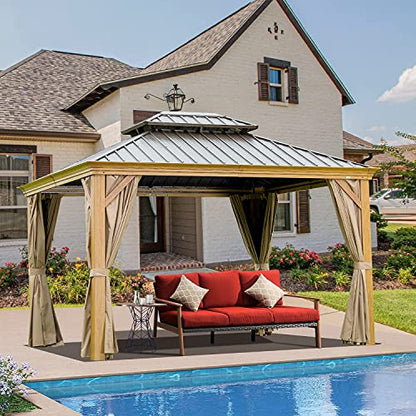 12' x 14' Hardtop Gazebo, Domi Wood Looking Aluminum Gazebo with Galvanized Steel Double Roof, Permanent Metal Gazebo with Curtains and Netting for Patio Lawn and Garden