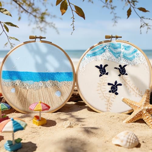 Embroidery Kit for Beginner Adults, Stamped Cross Stitch kits for Adults Beginners, Ocean Hand Embroidery Starter Needlepoint Kit, 2 Set Embroidery Supplies, 2 Hoops (Attached Teaching Video QR Code)