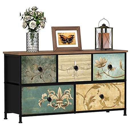Tohomeor Dresser with Drawers for Bedroom Chest of Drawers Fabric Dresser for Closet,Nursery Entryway Hall Tree TV Stand for Living Room Retro Floral Pattern Drawers Wooden Top (5 Drawers) Tohomeor