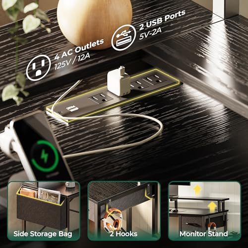 Huuger L Shaped Gaming Desk with LED Lights, Power Outlets & Storage Shelves, Black Huuger