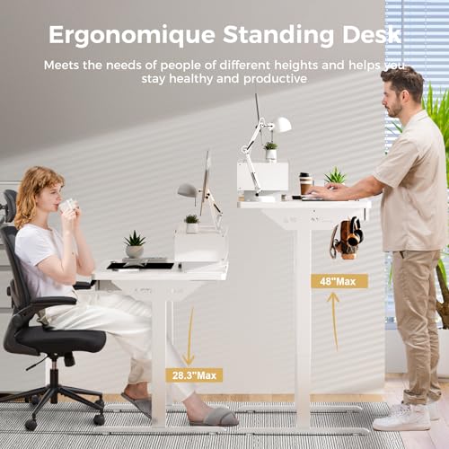 GTPLAYER Electric Standing Desk with Drawers, 48 x 24 Inch Height Adjustable Gaming Desk with Monitor Stand, Power Outlets & LED Lights, Home Office Sit Stand Up Desk with Memory Preset (White) GTPLAYER