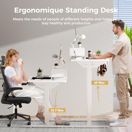 GTPLAYER Electric Standing Desk with Drawers, 48 x 24 Inch Height Adjustable Gaming Desk with Monitor Stand, Power Outlets & LED Lights, Home Office Sit Stand Up Desk with Memory Preset (White) GTPLAYER
