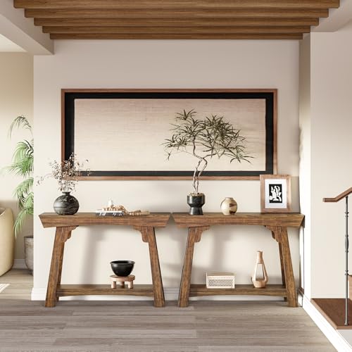 LITTLE TREE 2-Tier Wood Console Table Behind Couch, Small Entryway Table with Storage, Farmhouse Narrow Sofa Table for Hallway, Living Room, Rustic Brown LITTLE TREE