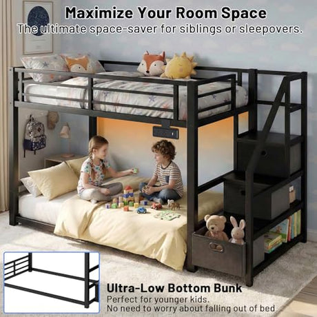 Twin Over Twin Metal Bunk Bed with Storage Stairs, Drawers & Shelves, Power Outlet and RGB LED Lights,Low Profile Kids Bunk Bed Frame with Safety Guardrails & Metal Slats,No Box Spring Needed (Black) HKOLIE