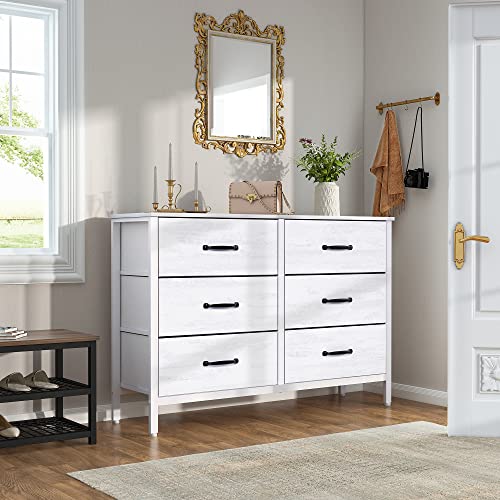 LYNCOHOME White Dresser with 6 Drawers, Wide Dresser for Bedroom and 50" TV, Entertainment Center with Metal Frame, Wooden Top, Fabric Drawers Dresser for Bedroom, Hallway, Entryway, White - WoodArtSupply