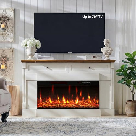 BREEZEHEAT 61" Electric Fireplace with Mantel, Freestanding Fireplace Heater TV Stand with 40" 3-Side Glass Insert for TVs Up to 70" with 2 Drawers for Living Room, Antique White BREEZEHEAT