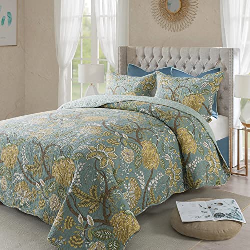 NEWLAKE Cotton Bedspread Quilt Sets-Reversible Patchwork Coverlet Set, Green Floral Pattern, Queen Size NEWLAKE