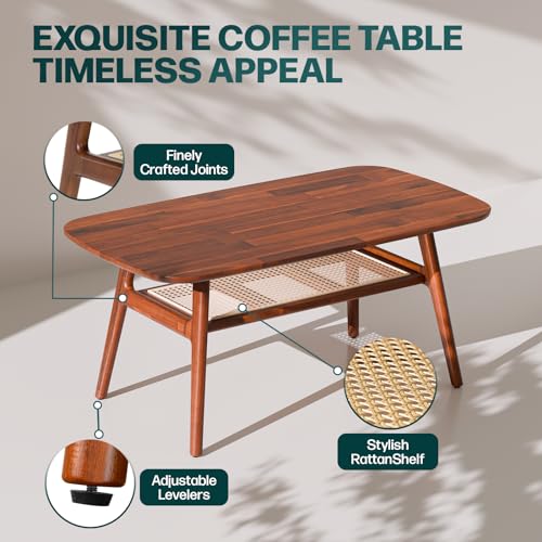 Bme Nancy Solid Acacia Wood Coffee Table for Living Room, Spacious Oval-Shaped 237 Lbs Top Capacity, Rattan Shelf Below, Mid Century, Rustic and Modern Style Living Room Furniture, Dark Chocolate Bme